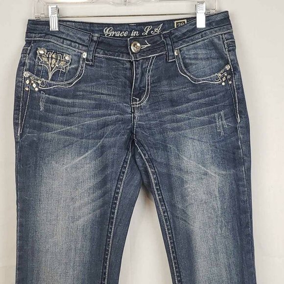 Grace In La Womens Boot Cut Jeans Blue Stretch Embellished Stone Wash Denim 9 - Picture 7 of 12